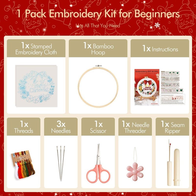 wtisan Christmas Embroidery Kits: 1 Pack Cross Stitch Kit for Beginners Adults, DIY Ornaments Craft Kit with All Tools & Instructions, Stamped Hand Embroidery Starter Kit for Holiday Crafts & Xmas Home Decor - Image 3
